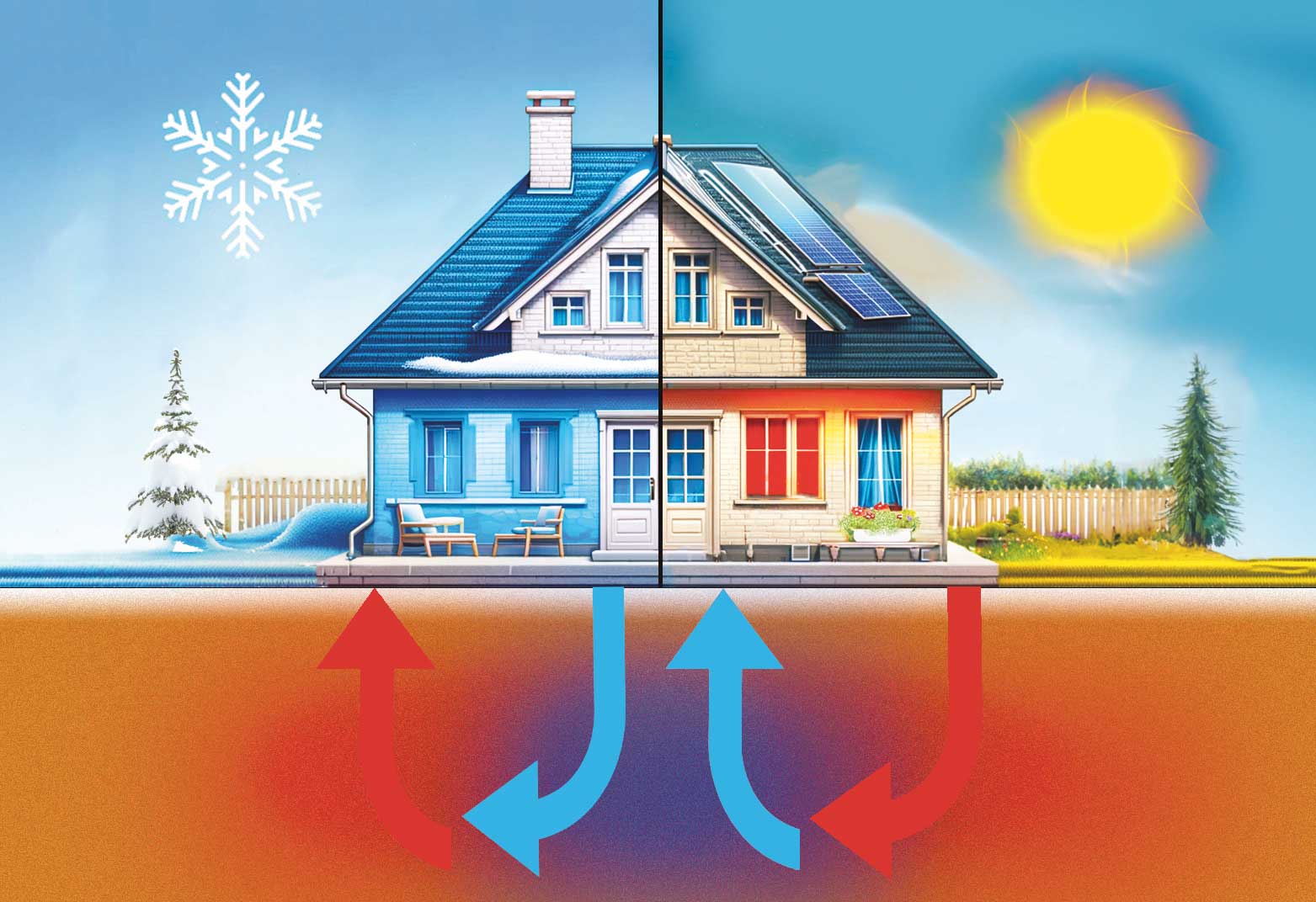 <b>Figure 1</b> Le stockage de chaleur intersaisonnier consiste à emmagasiner de la chaleur en été pour la restituer en hiver, et/ou du «froid» en hiver pour l’utiliser en été.