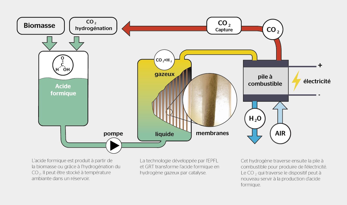 <strong>Figure 2</strong> Utiliser l’acide formique comme réserve d’hydrogène. Diagramme qui illustre le principe de l’Hyform.