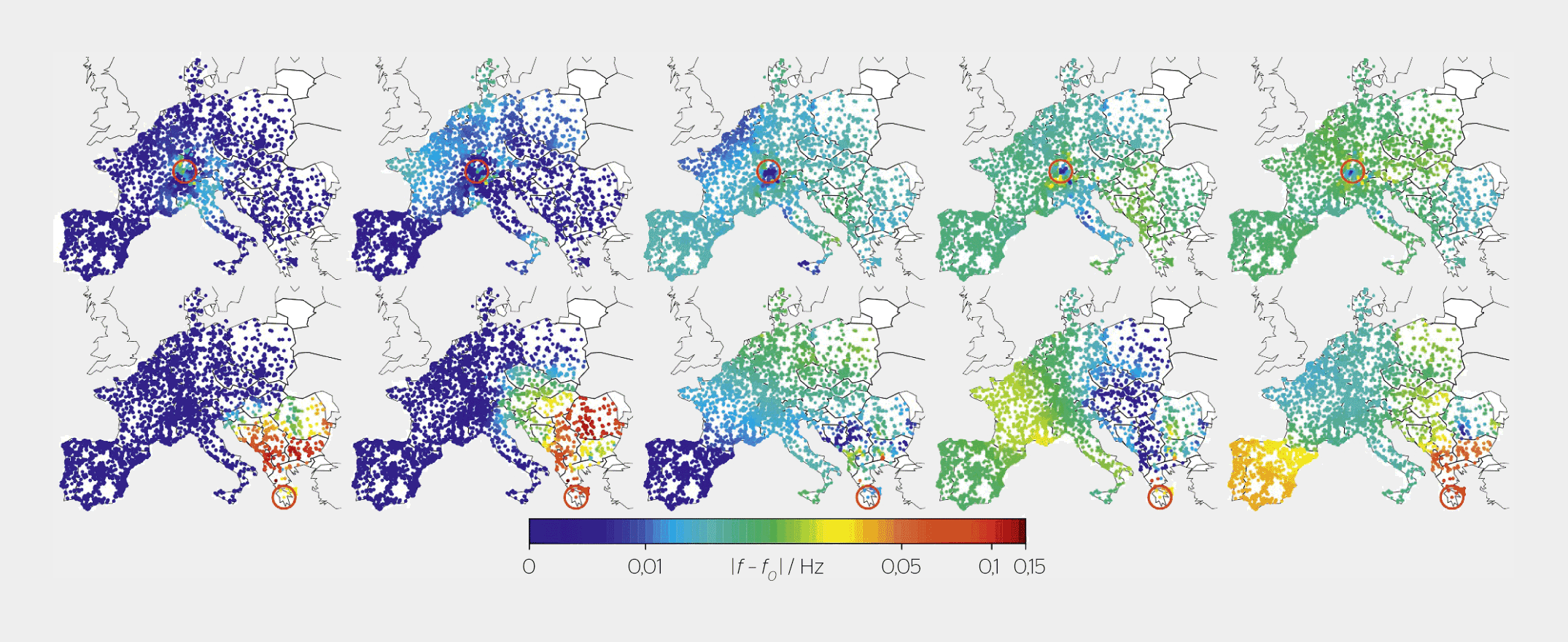 <strong>Figure 5</strong> Propagation spatio-temporelle d’une perturbation de fréquence suite à la déconnexion soudaine d’une centrale de 900 MW en Suisse (Gösgen, haut) et en Grèce (bas).