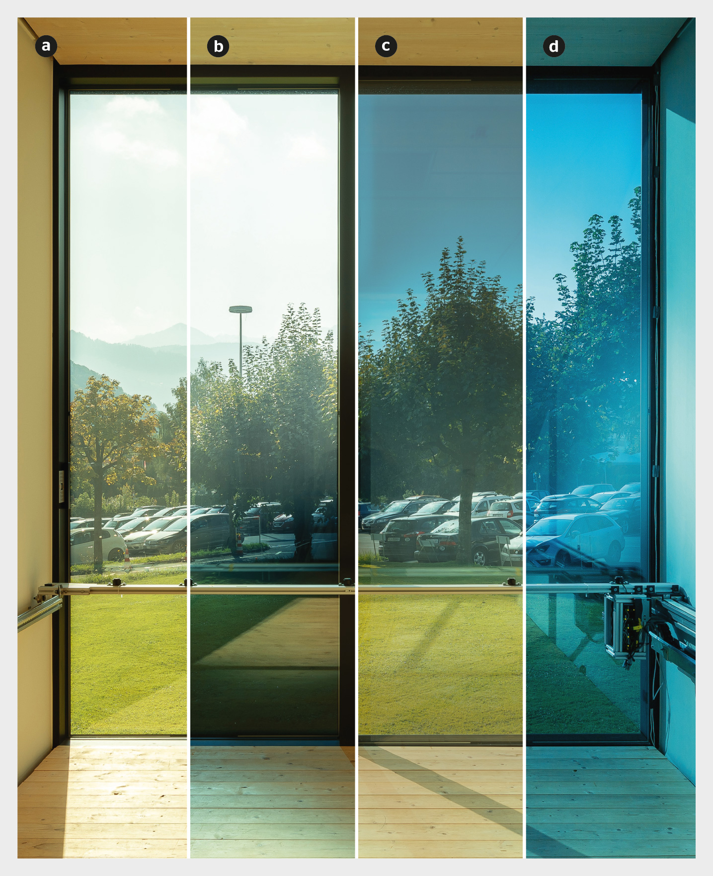 <strong>Figure 2</strong> La fenêtre du container de mesure de la lumière de la HSLU avec quatre réglages différents des verres électrochromes.