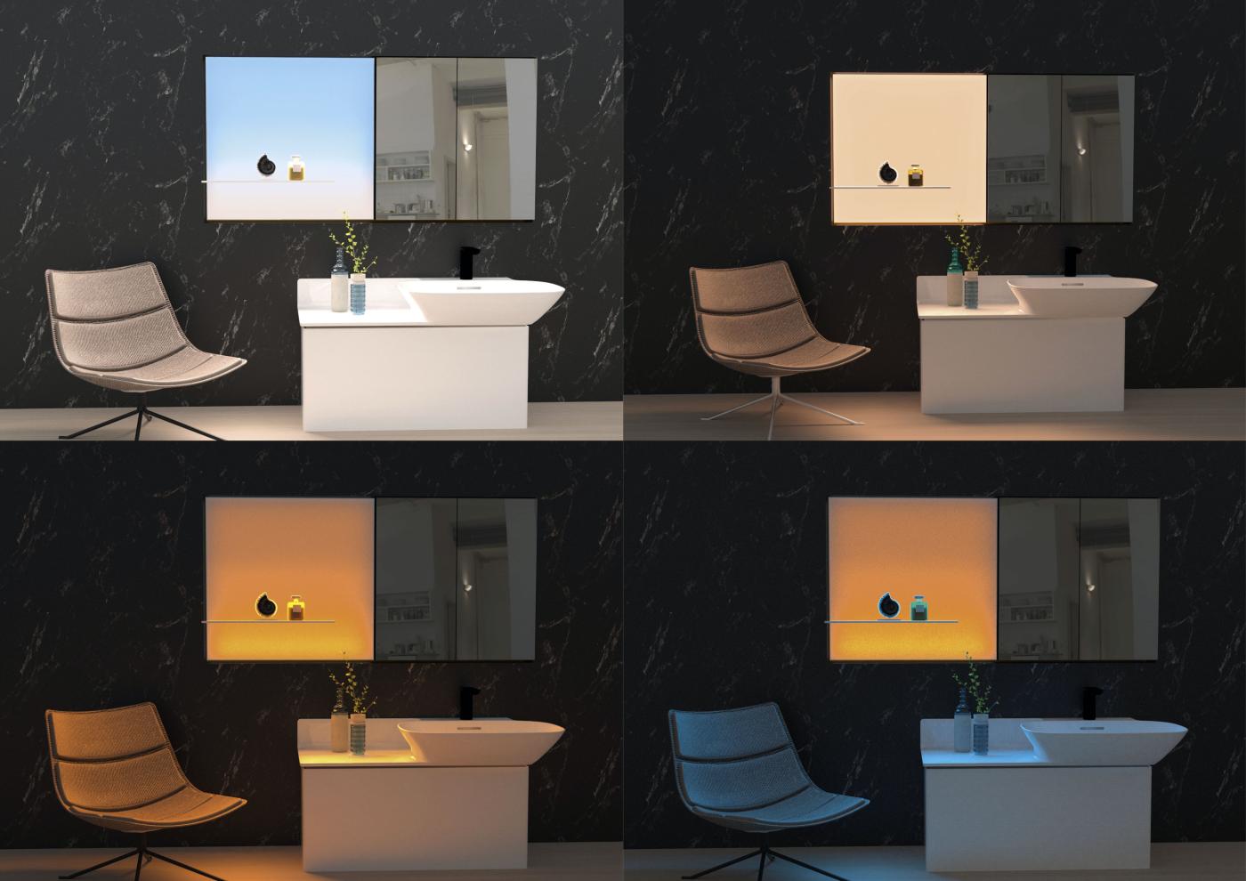 <strong>Figure 2</strong> Étude de projet d’intégration du système Light Cognitive (en images 3D) dans des ambiances de salles de bain.