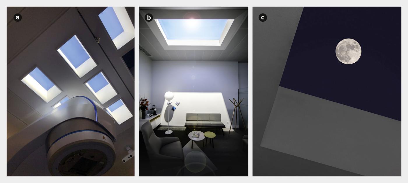 <strong>Figure 3</strong> Systèmes d’éclairage Coelux installés à l’Hôpital de La Tour, à Meyrin: vue du ciel diurne dans le bunker de radiothérapie (a), avec soleil hyperréaliste dans la salle d’attente (b), et vue du ciel nocturne avec lune hyperréaliste projetant une lumière de même intensité que lors de la pleine lune (c).