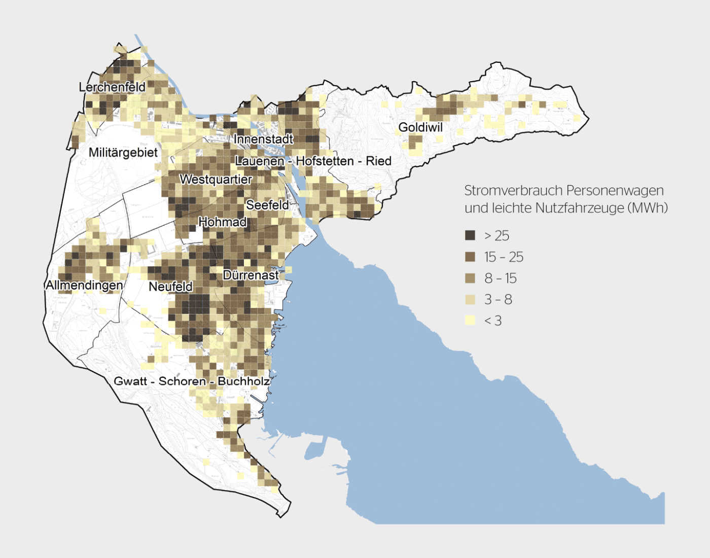 <strong>Bild 1</strong> Detaillierte räumliche Modellierung der Stromnachfrage der Elektromobilität an privaten Heimladestationen in der Stadt Thun im Jahr 2050.