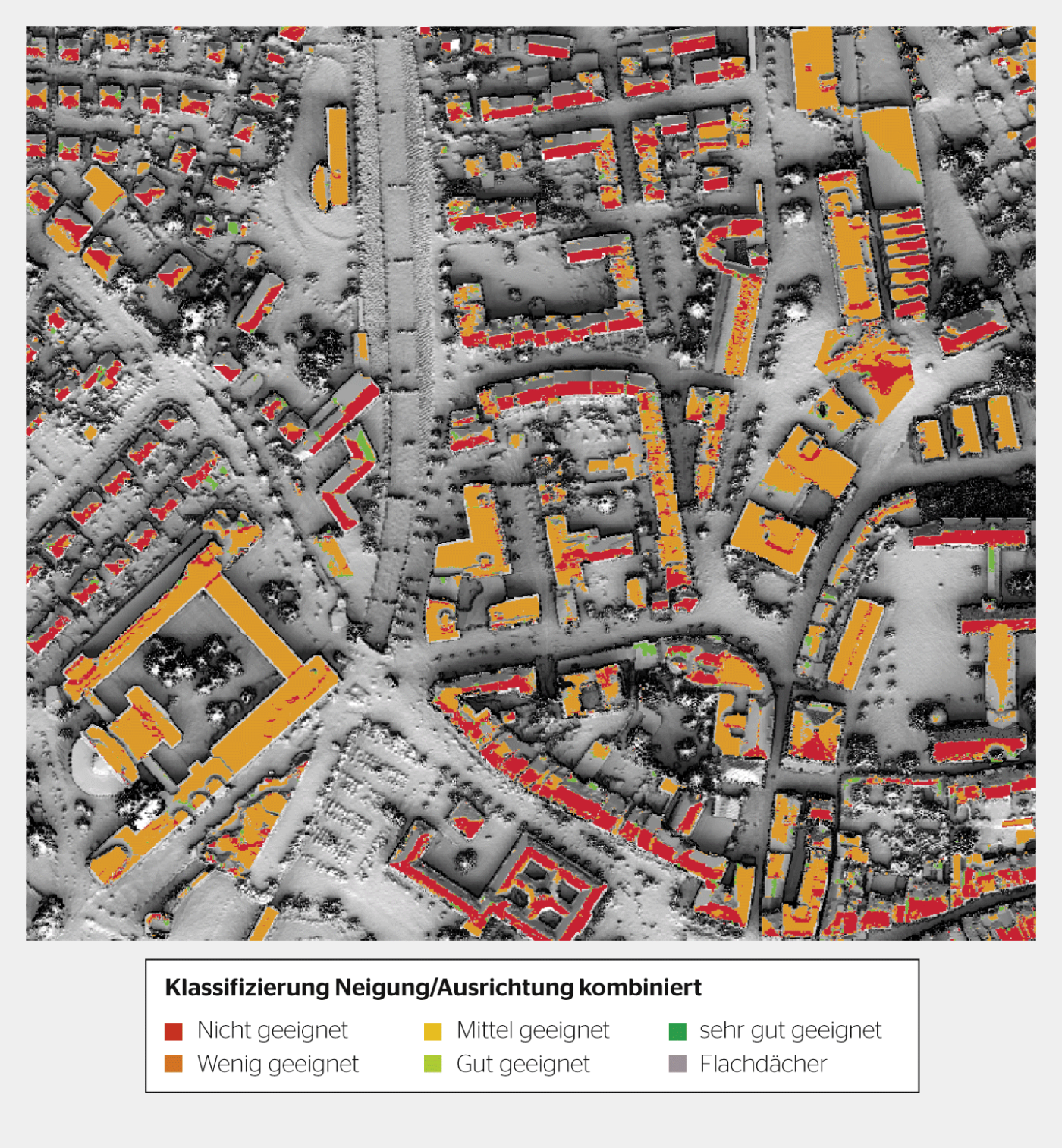 Solares Einstrahlungspotenzial auf Dachflächen.