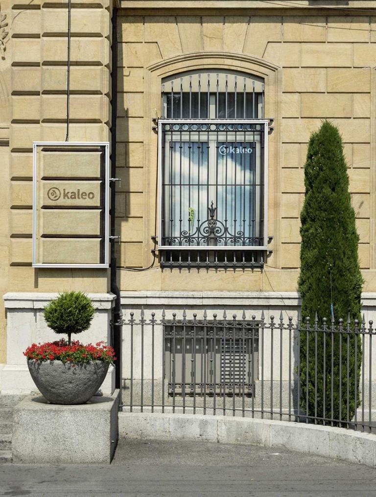 Dank der Kaleo-Technologie fügen sich diese beiden Photovoltaik-Module ebenso unauffällig wie ein Chamäleon in das Umfeld ein. Nur ihr Rahmen verrät ihre Anwesenheit auf der Fassade der Neuenburger Kantonalbank.