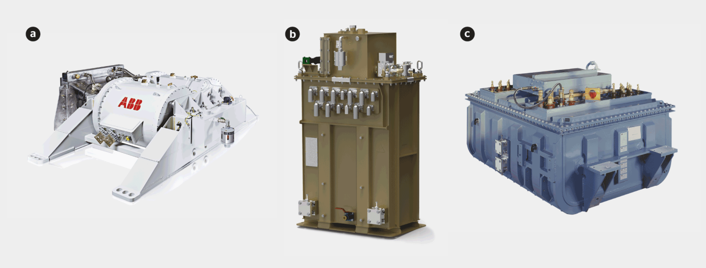 <strong>Figure 2</strong> Transformateurs de traction: Effilight pour toiture (a), Vertical pour salle des machines (b) et Sous-caisse pour locomotive (c).