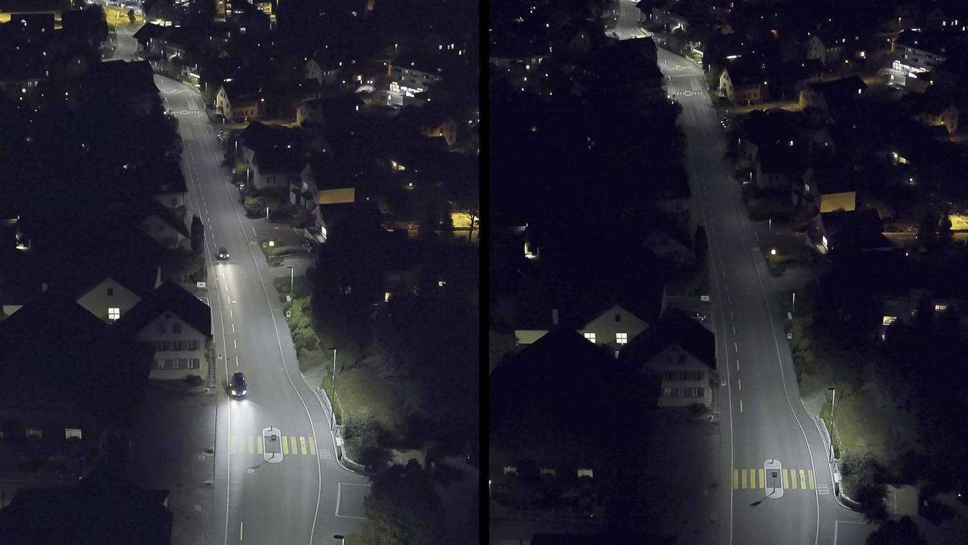 Birmensdorferstrasse in Urdorf – links mit 100% Lichtstärke, rechts mit reduzierter Lichtstärke (40%).