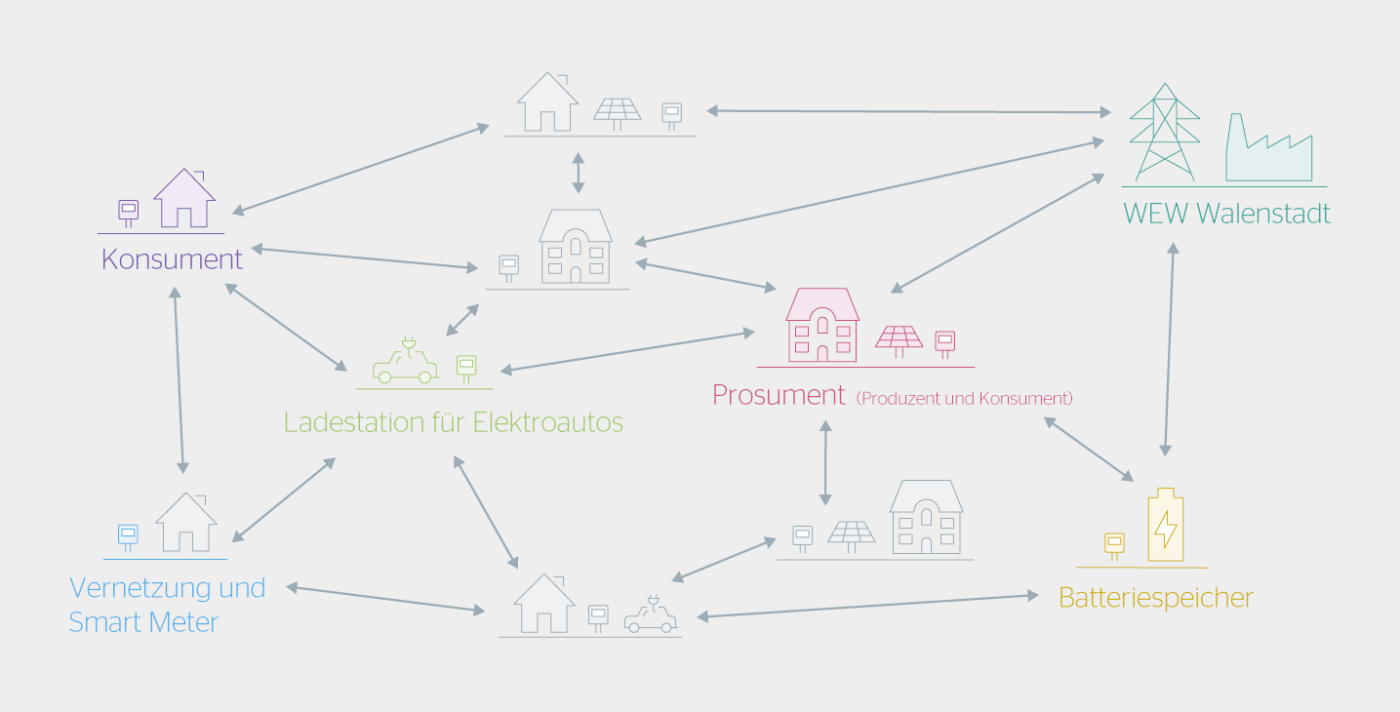 Prosumenten, Konsumenten, Stromspeicher und eine Ladestation für Elektrofahrzeuge werden im Projekt Quartierstrom über das öffentliche Verteilnetz zu einem Quartiernetz zusammengeschlossen, in dem der lokal produzierte Solarstrom gehandelt wird.