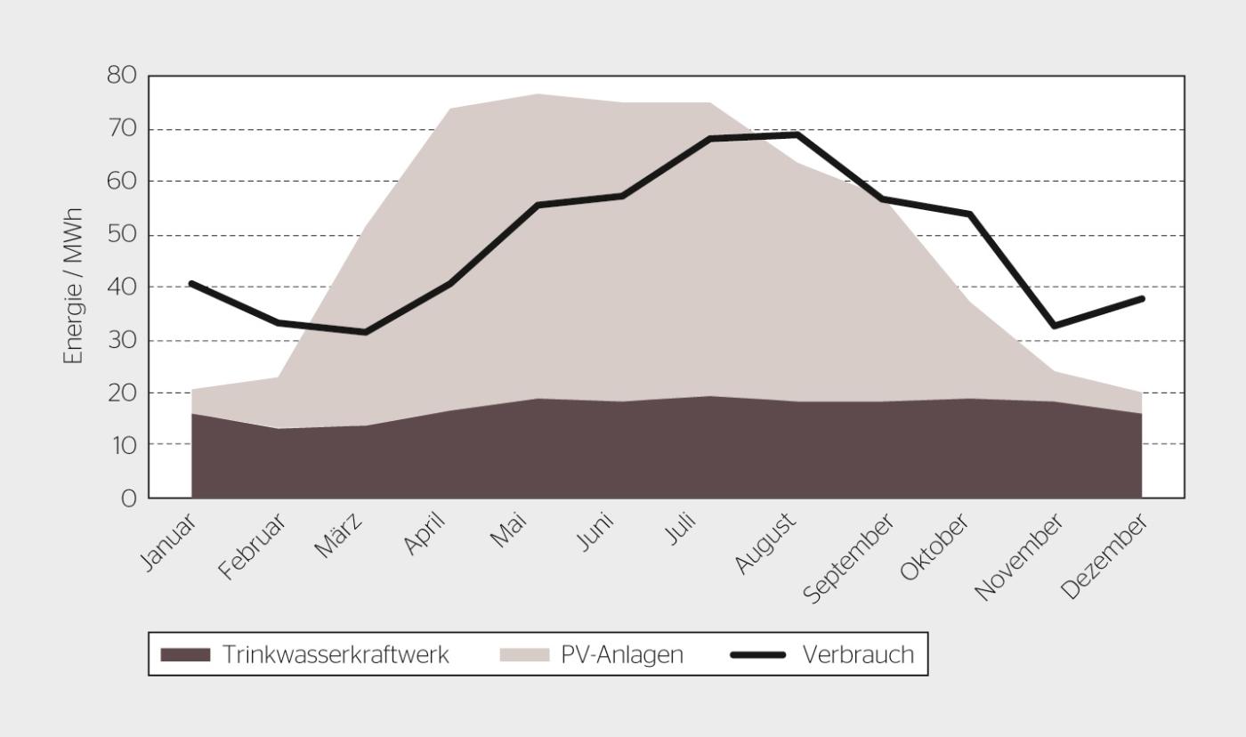 Monatliche elektrische Energieerzeugung (Flächen) und monatlicher Energieverbrauch (Linie) im autarken Netzgebiet – Variante «autark».