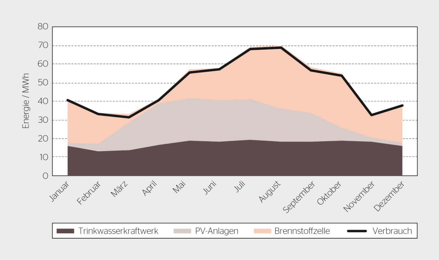 Monatliche elektrische Energieerzeugung (Flächen) und monatlicher Energieverbrauch (Linie) im autarken Netzgebiet – Variante «quasi-autark».