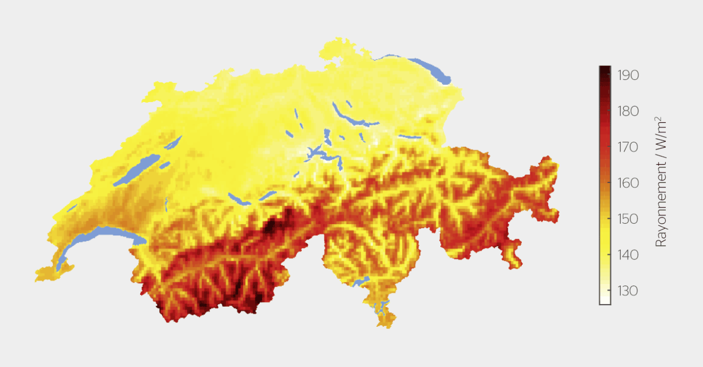 <strong>Figure 2</strong> Moyenne à long terme du rayonnement solaire en Suisse.