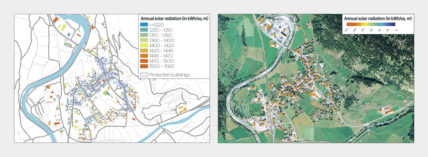 Diese Karten von Zernez (GR) zeigen die verfügbare Sonneneinstrahlung, Haus für Haus, einschliesslich des Schattenwurfs der benachbarten Gebäude.