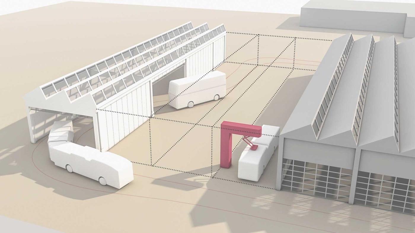 Multifunktional: Elektrisches Laden, Reinigen und Garagieren im E-Bus-Servicemodul.