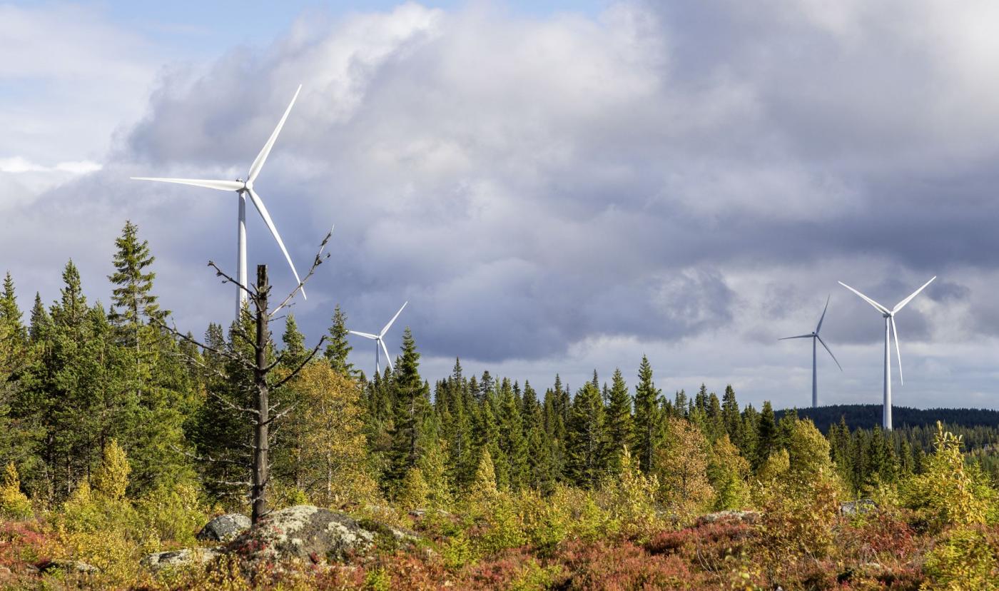 Windenergie: Teil des Windparks in Björkhöjden, Schweden. Die 90 Anlagen des Windparks haben insgesamt eine installierte Leistung von 288 MW.