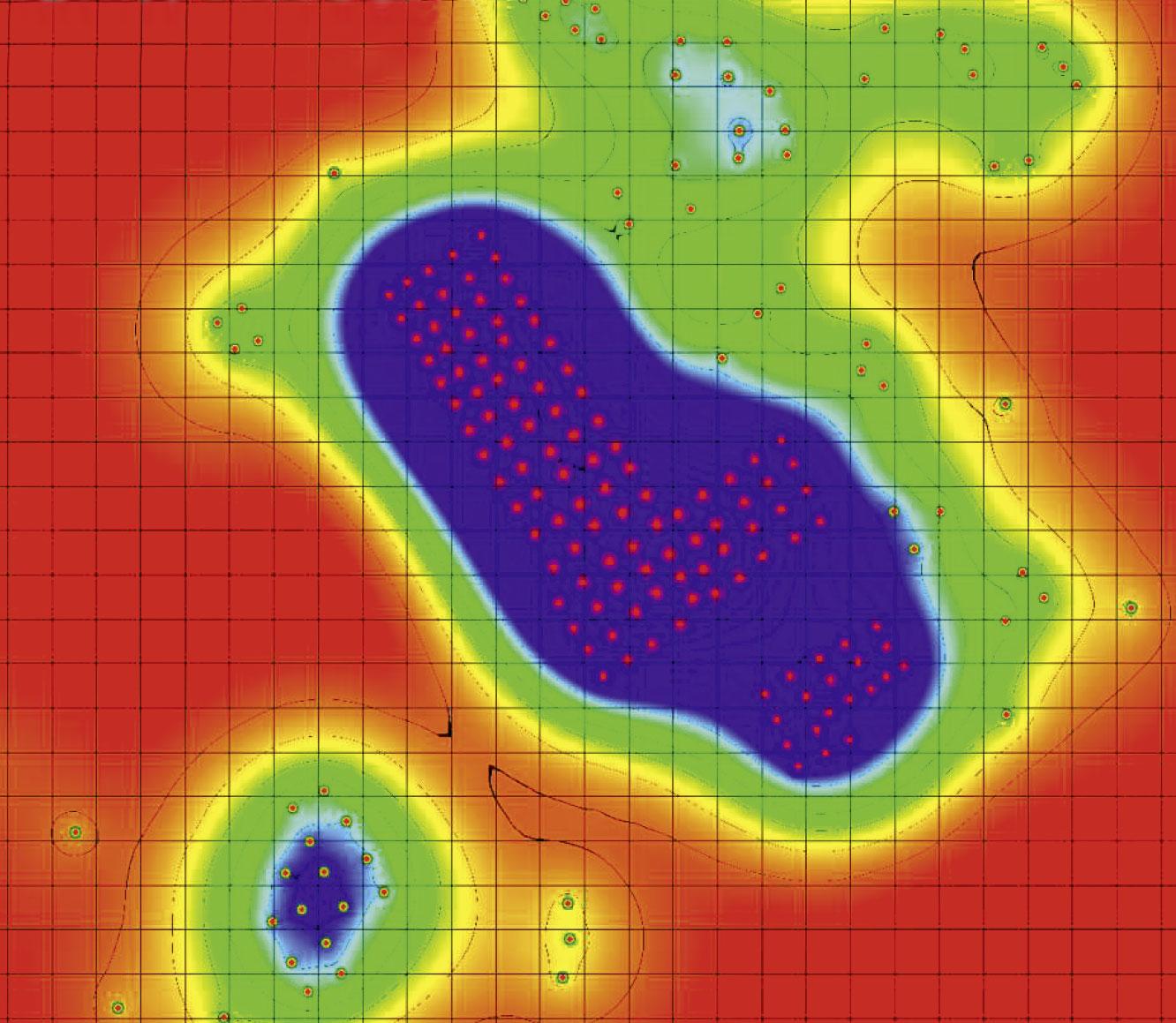 Die Simulation zeigt die Temperaturen des Erdregisters einer Überbauung, wenn die Erdsonden nicht regeneriert würden. Das Erdreich würde gefrieren. Die Überbauung wurde schliesslich mit einer Solarthermieanlage gebaut und es wird mehr Wärme im Boden gespeichert als im Winter entzogen.