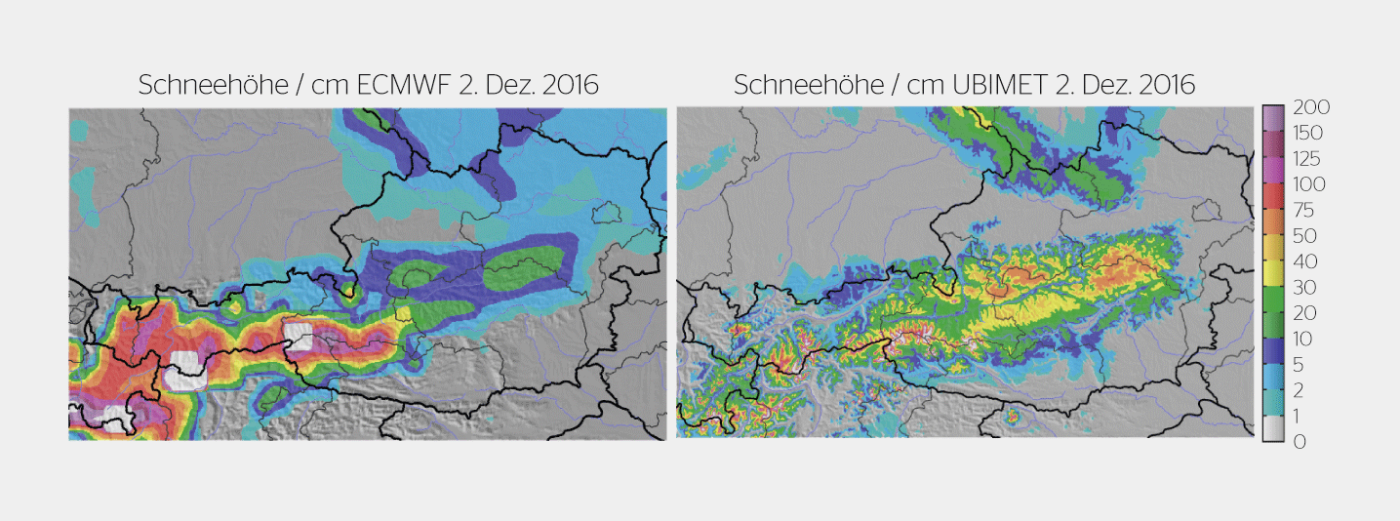 <strong>Bild 2</strong> Vergleichende Modellierung am Beispiel der Schneehöhen zwischen dem ­ECMWF- (links) und dem Ubimet-Modell (rechts).