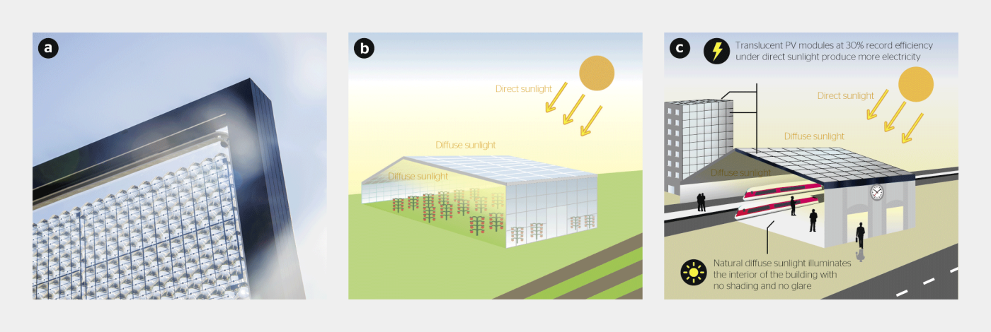 <strong>Bild 3</strong> Die lichtdurchlässigen Module Theia (a), deren Anteil an der übertragenen direkten Strahlung dem Bedarf angepasst werden kann, finden in der Agri-Photovoltaik (b) und in Bahnhöfen oder Einkaufszentren (c) Verwendung.