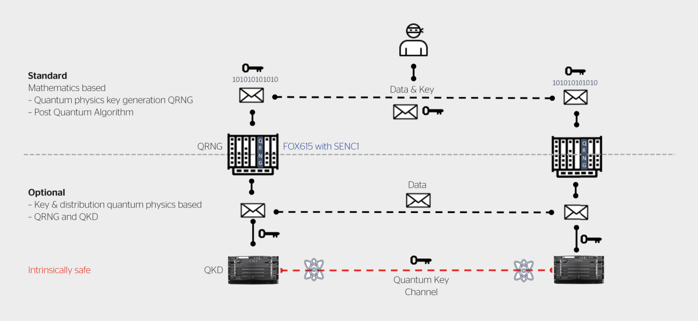 <strong>Figure 2</strong> Pour sécuriser les données, il est possible d’utiliser une clé quantique (QRNG) en combinaison avec un algorithme post-quantique (solution standard) ou, en option, une clé quantique dont la distribution est également basée sur la physique quantique (QKD).