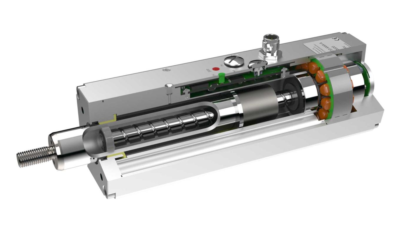 <b>Bild 1</b> Blick ins Innere des Elektrozylinders: Der Servomotor (rechts) treibt eine Spindel (links) an, welche die lineare Hin-und-her-Bewegung hervorruft. Mittig über der Spindel ist die Bedienkonsole mit dem Potentiometer angebracht, direkt darunter die Servoregler-Elektronik.