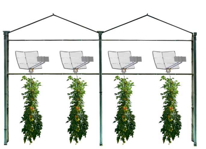 <b>Figure 1</b> Schéma d’installation d’un système Voltiris X6 à six filtres par panneau solaire. Les réflecteurs se montent à l’intérieur de la serre, au-dessus des cultures.