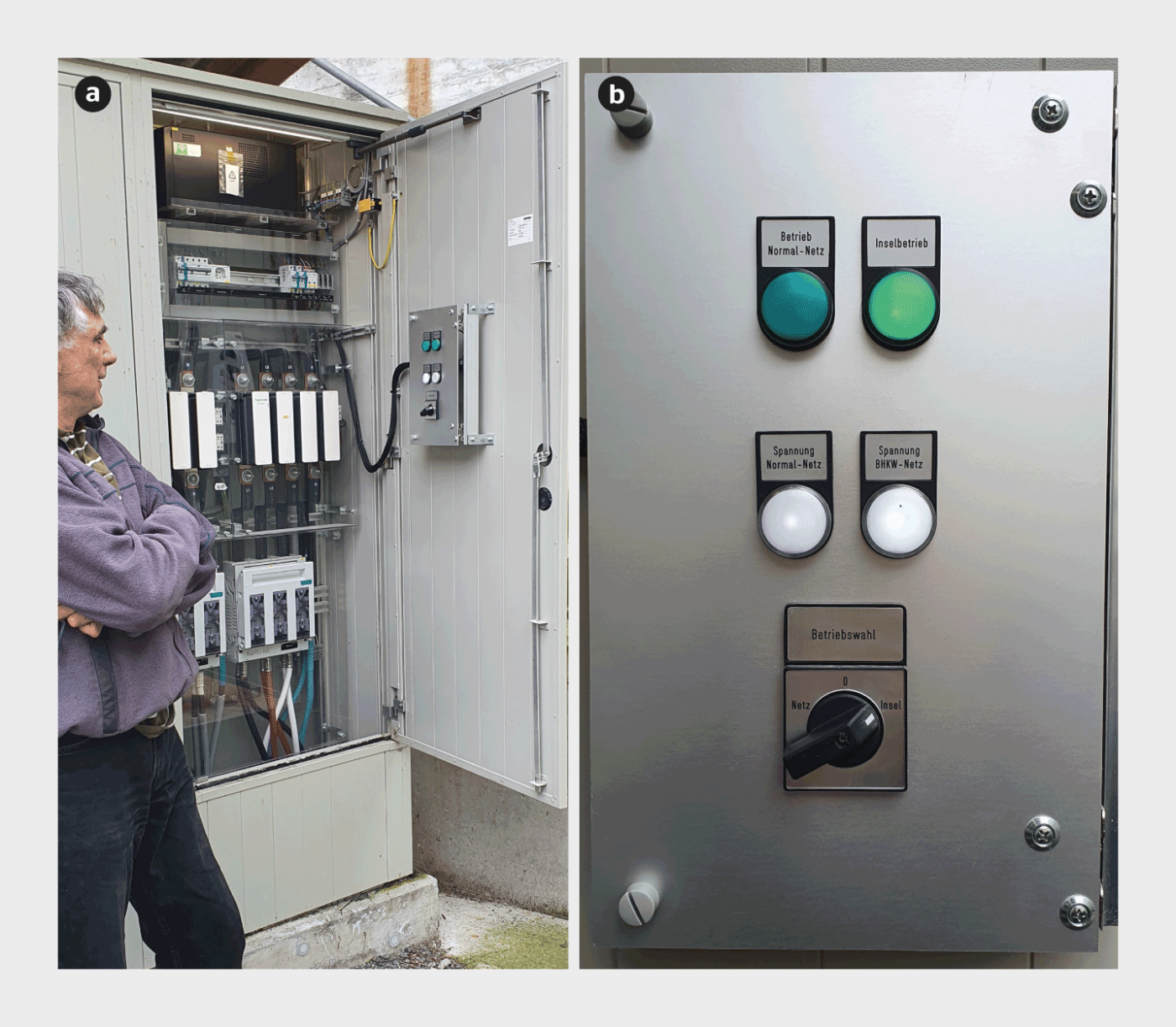 <b>Figure 1</b> a) Otto Wartmann, à côté de l’installation qui a permis d’étudier l’alimentation électrique de secours au moyen d’énergies renouvelables sur le site de l’exploitation agricole «Holzhof», et b) interrupteur-sectionneur utilisé pour établir un réseau en îlot, en séparant l’alimentation de secours du réseau électrique général.