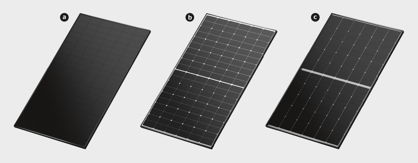 <b>Bild 1</b> Solarmodule in der Übersicht: a) Meyer Burger Black: Nennleistung 375–395 W, Effizienz 20,4–21,5%; b) Meyer Burger White, mit weisser Backsheet-Folie: Nennleistung 380–400 W, Effizienz 20,7–21,7%; c) Meyer Burger Glass, mit transparentem Rückseitenglas: Nennleistung 370–390 W, Effizienz 20,6–21,8%.