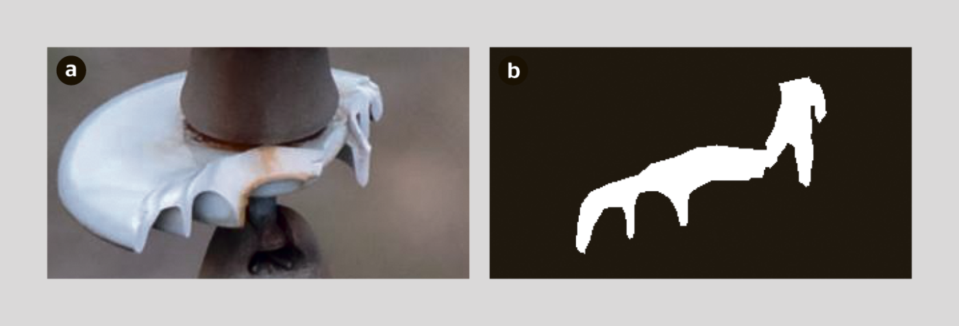 <b>a)</b> Un isolateur de suspension dont la porcelaine est brisée et <b>b)</b> la caractérisation de sa fracture sont utilisés pour entraîner un modèle de détection des anomalies.