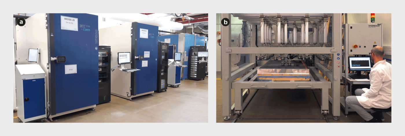 <b>Figure 3</b> Le laboratoire de test et de caractérisation des modules photovoltaïques du CSEM dispose de divers systèmes de tests, dont <b>a)</b> des chambres climatiques, et <b>b)</b> des installations permettant de réaliser des tests mécaniques.