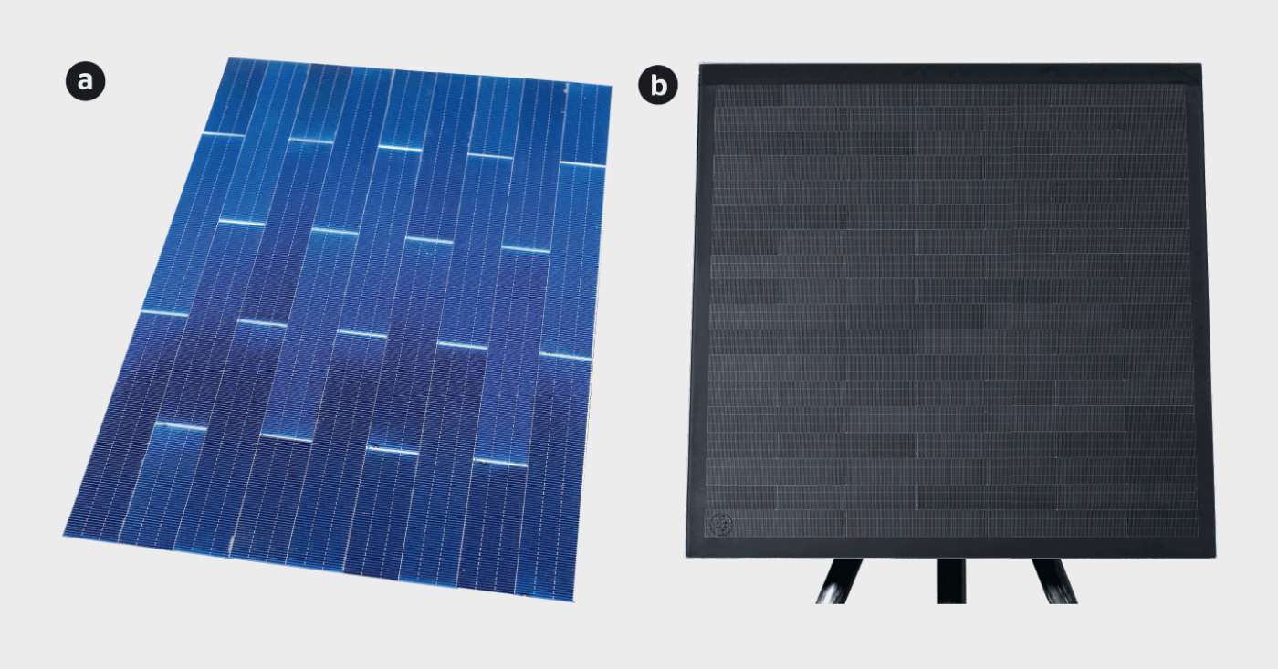 <b>Figure 4</b> <b>a)</b> Concept «Matrix shingle» de la société M10 Solar Equipment, reposant sur un assemblage de cellules solaires rectangulaires connectées les unes aux autres par empilement décalé, et <b>b)</b> exemple de module PV basé sur ce concept.