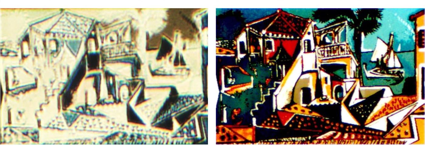 Image optique d'une nano-impression du «Mediterranean Landscape» de Picasso (reproduit avec l'autorisation de Succession Picasso/2022, ProLitteris, Zurich) lors de l'utilisation d'une clé de polarisation incorrecte (à gauche) et de la clé de polarisation correcte (à droite).