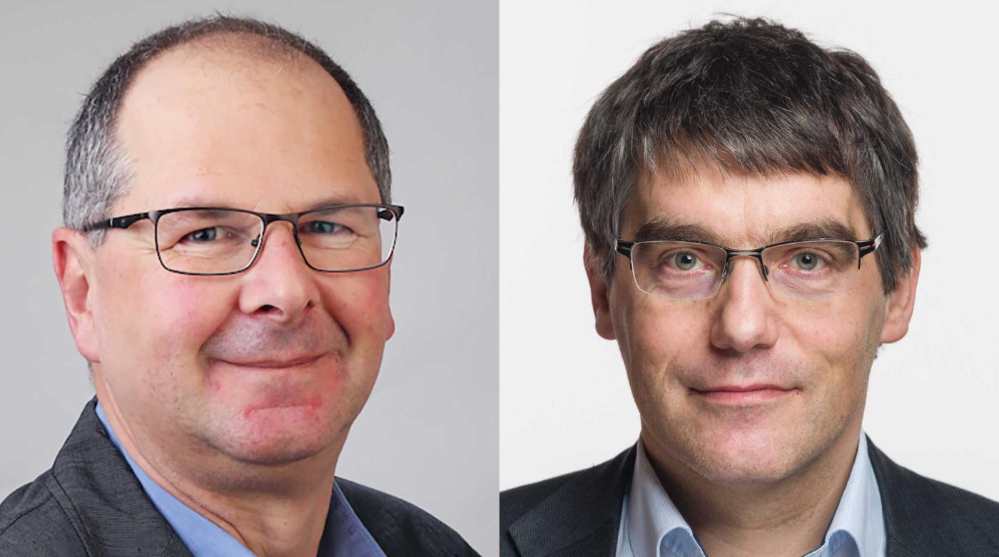 Andreas Züttel, professeur à l’EPFL, (à g.) et le conseiller national Roger Nordmann (à d.) ont présenté leurs visions d’une Suisse décarbonée. Figures: EPFL; Services du Parlement