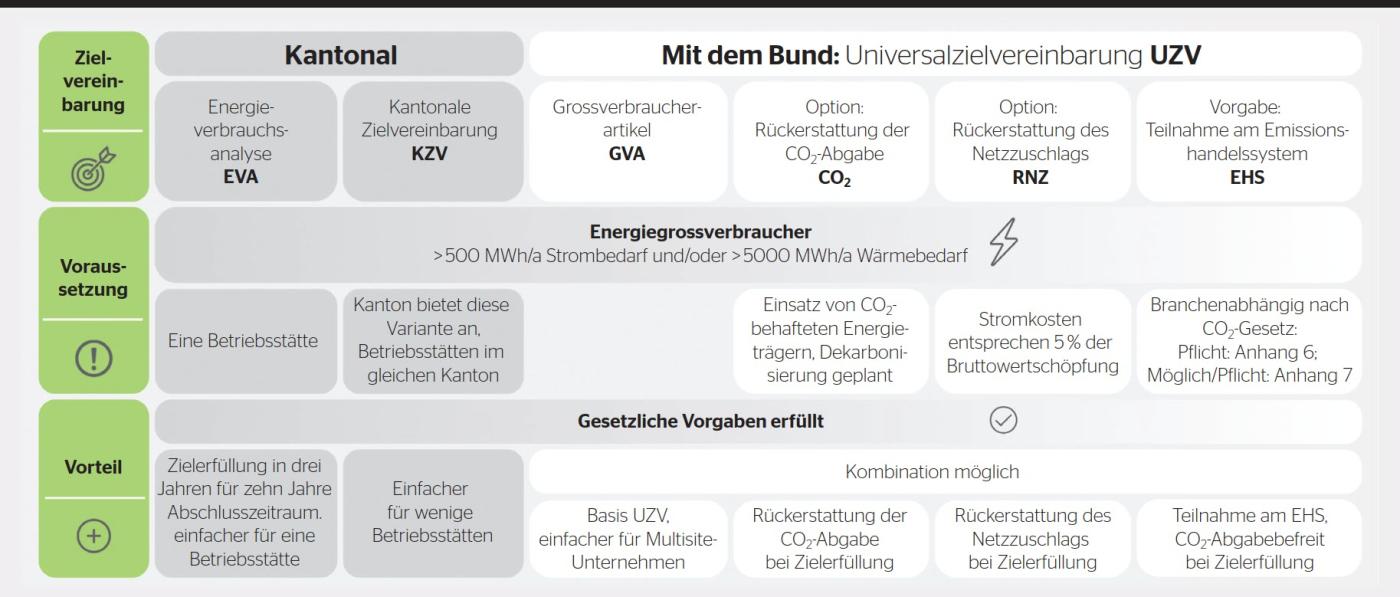 Varianten von Zielvereinbarungen für Energiegrossverbraucher inklusive Optionen und deren Voraussetzungen und Vor-teile.