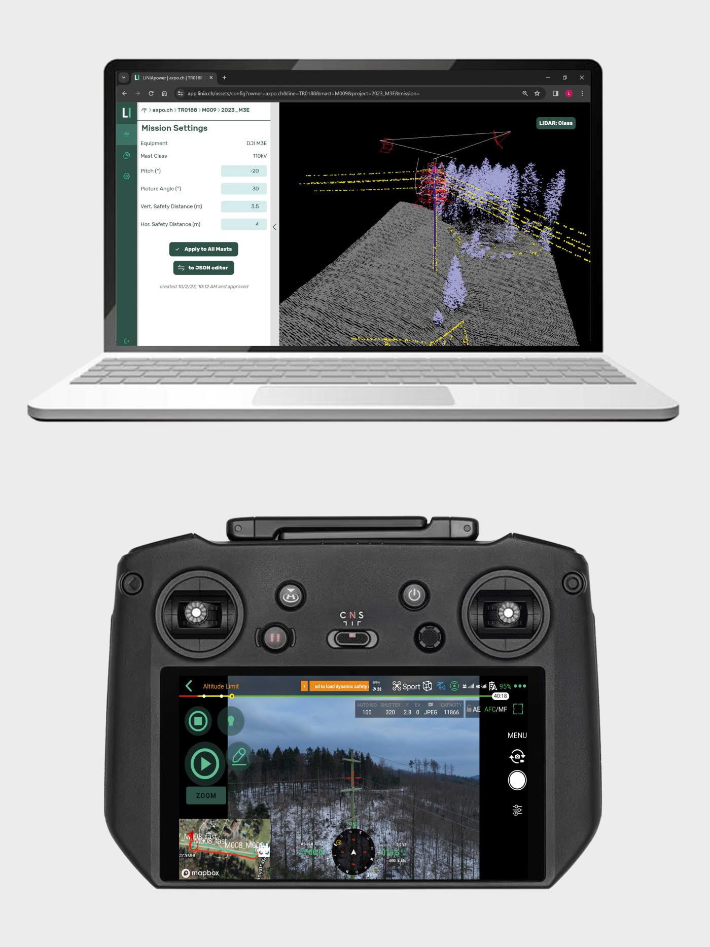 <b>Bild 4</b> LINIApower für die Generierung von Flugmustern (oben); LINIAair Drohnensoftware für die automatisierte Datenaufnahme (unten).