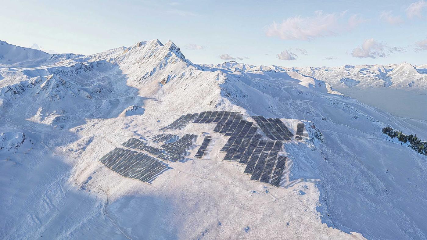 Fotomontage der alpinen PV-Anlage «Grands Plans» in Grimentz.