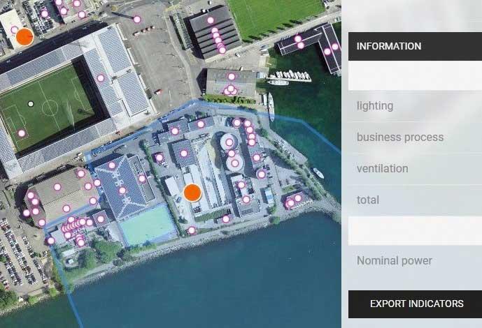 <b>Figure 3</b> Visualisation du potentiel photovoltaïque des toits ainsi que des données de consommation d’un quartier de Neuchâtel.