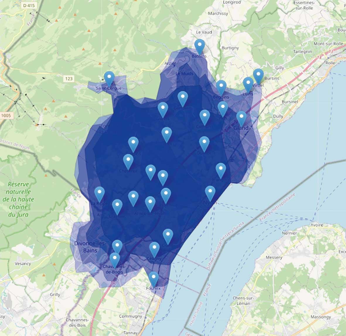 <b>Figure 1</b> Périmètre et localités pertinentes pour un parking relais proche de l’entrée de l’autoroute A1 à Nyon.