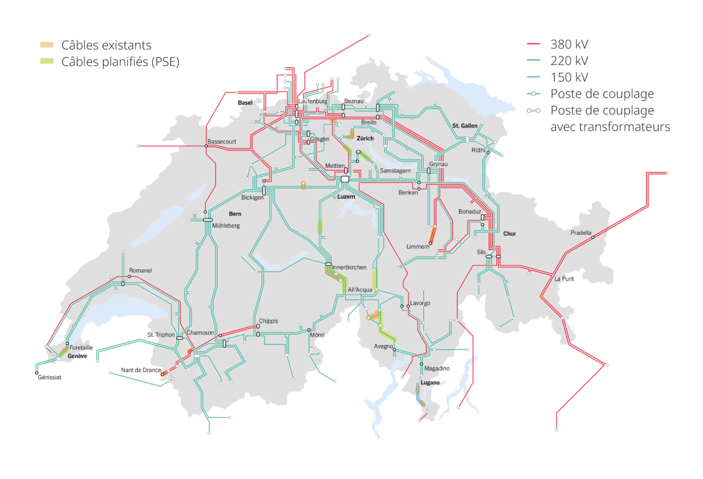 <strong>Figure 1</strong> Carte du réseau de transport suisse avec tous les tronçons de câbles souterrains construits et définis par les autorités.