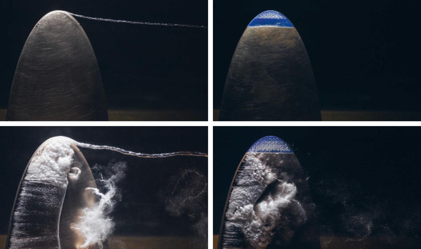 <strong>Figure 3</strong> Visualisation du tourbillon marginal (à gauche) et suppression de la cavitation grâce à l’extension gyroïdale <span class="nowrap">(à droite)</span>: test à une vitesse d’écoulement de <span class="nowrap">16 m/s</span> et une pression statique de <span class="nowrap">2,6 bar</span> <span class="nowrap">(en haut),</span> respectivement <span class="nowrap">de 1,6 bar</span> <span class="nowrap">(en bas).</span>