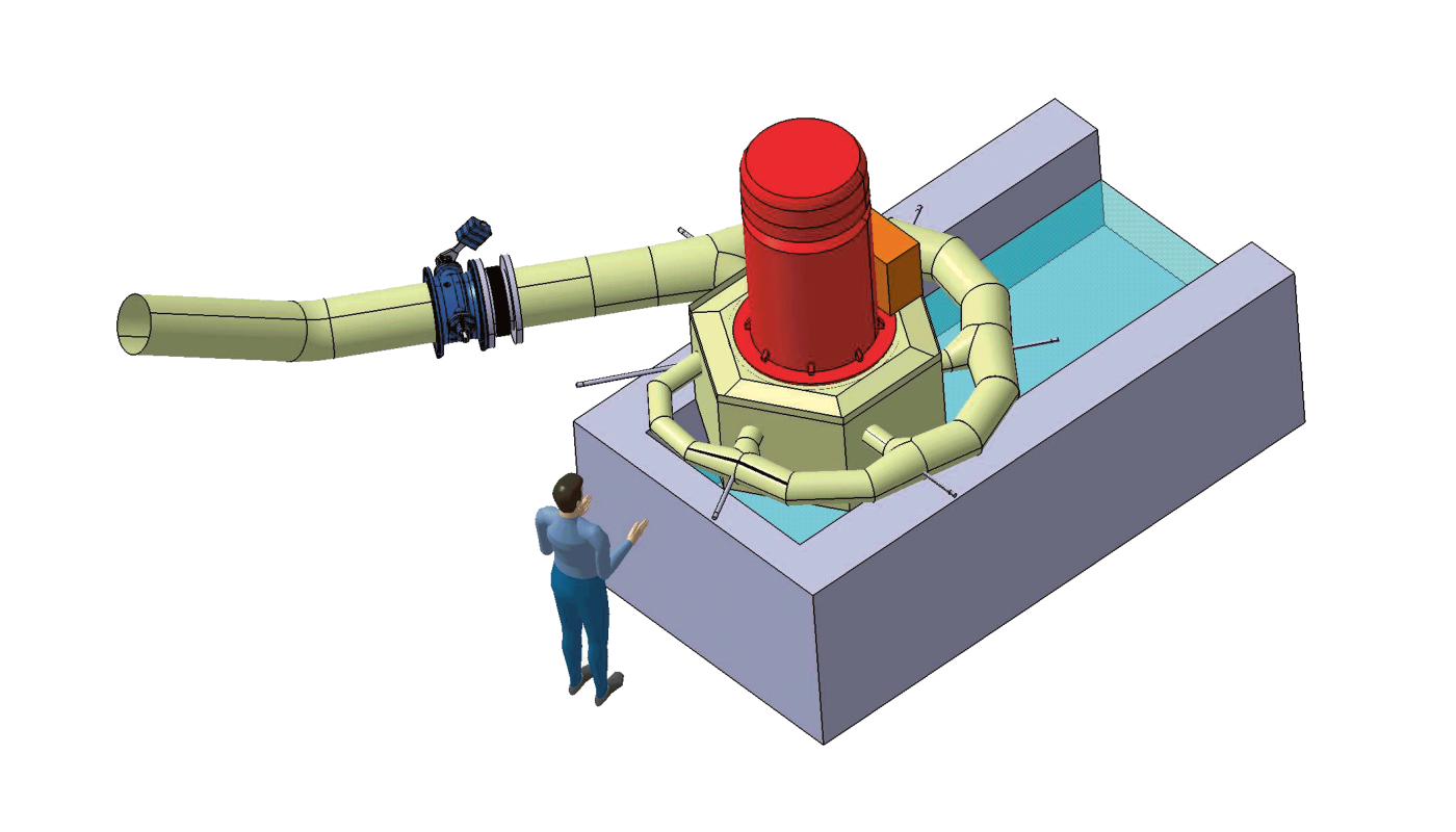 <span class="nowrap"><strong>Figure 2</strong></span> Conception de la turbine <span class="nowrap">Pelton</span> à <span class="nowrap">6 jets</span> de la centrale <span class="nowrap">de Rive,</span> alimentée par les eaux usées traitées <span class="nowrap">de Nyon,</span> équipée d’un compensateur de vibrations en aval de la vanne de la turbine. Avec un débit nominal <span class="nowrap">de 300 l/s,</span> une chute de <span class="nowrap">95,5 m</span> et une puissance installée <span class="nowrap">de 214 kW, </span>sa production pourrait atteindre <span class="nowrap">1,09 GWh/a</span> en 2050, selon l’évolution du raccordement à la station d’épuration. &nbsp;
