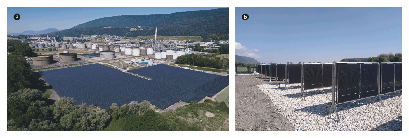 <span class="nowrap"><strong>Figure 5</strong></span> Le site de <span class="nowrap">Varopreem,</span> à <span class="nowrap">Cressier,</span> permet d’évaluer différentes technologies photovoltaïques en conditions réelles: <span class="nowrap"><strong>a)</strong> la</span> centrale au sol <span class="nowrap">de 8 MW</span> développée par <span class="nowrap">Varopreem</span> et <span class="nowrap">Groupe E,</span> actuellement la plus puissante de Suisse, <span class="nowrap">et <strong>b)</strong></span> la parcelle expérimentale <span class="nowrap">du CSEM,</span> qui occupe environ 5% du site et regroupe les plateformes de monitoring dédiées à la recherche.